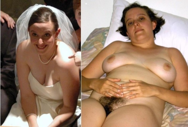 Clothed-unclothed pics of a hairy MILF bride