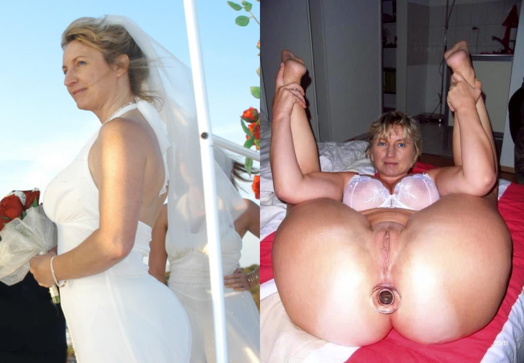 Amateur Wedding Party - Here's a nice before-and-after photo of a real bride looking like an angel  at the reception and then like a total slut on her wedding night ...