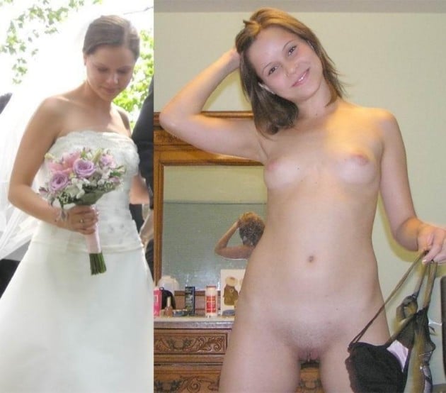 Dressed-undressed pic of a young bride